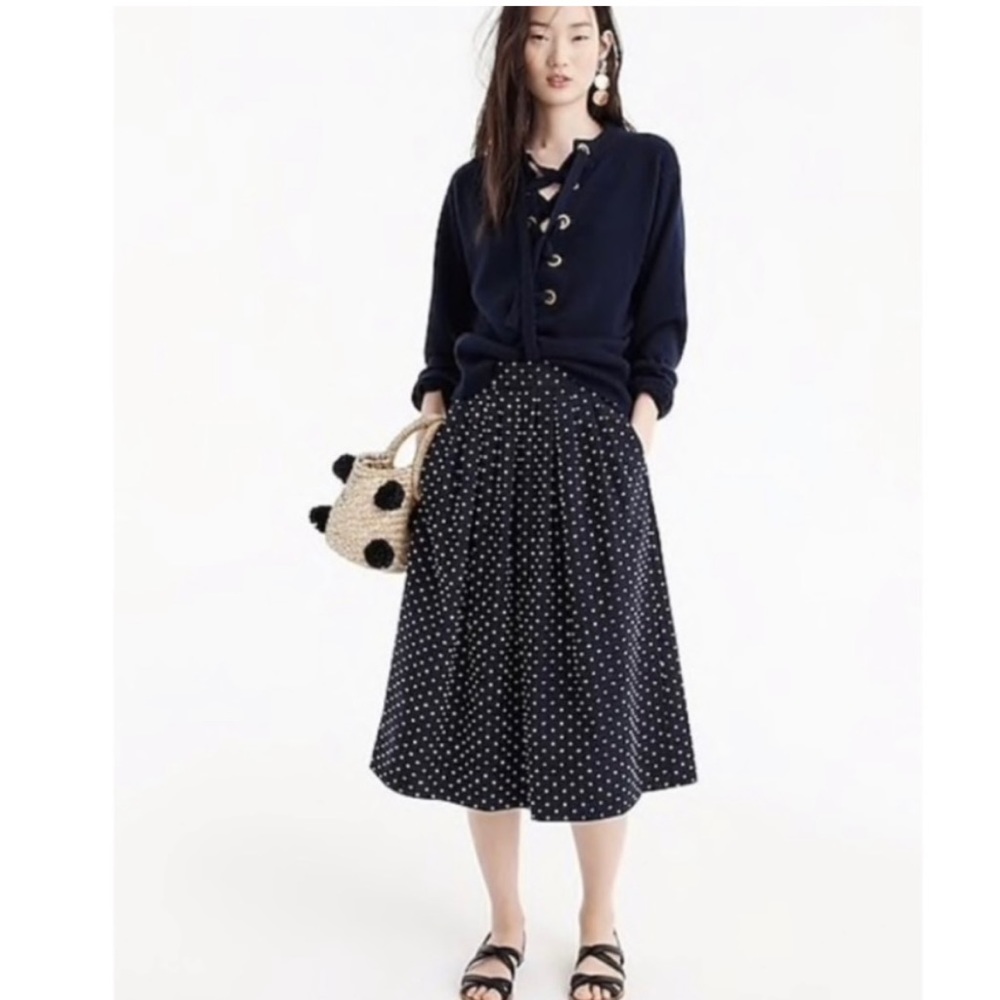 Jcrew Midi Full Pleated Skirt in Vintage Clip Dot Navy White S